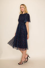 Dark Navy Floral Mesh Smocked Midi Dress