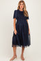 Dark Navy Floral Mesh Smocked Maternity Midi Dress
