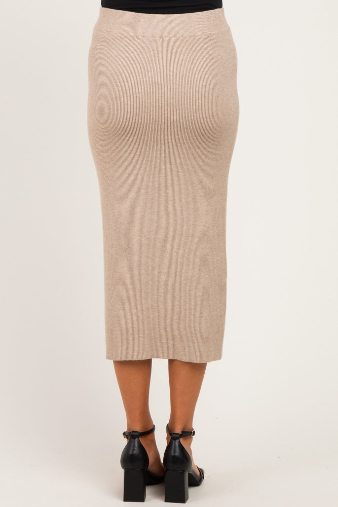 maternity wear beige ribbed midi skirt visible from the back with a slim fit and split hem