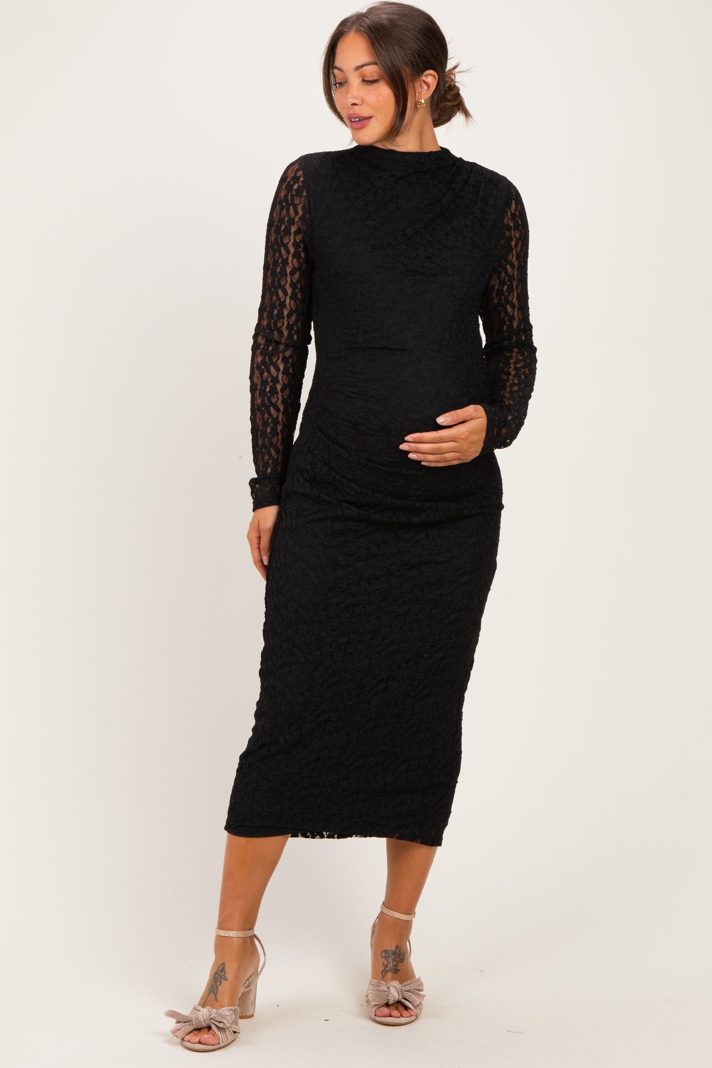 Black Fitted Lace Maternity Midi Dress