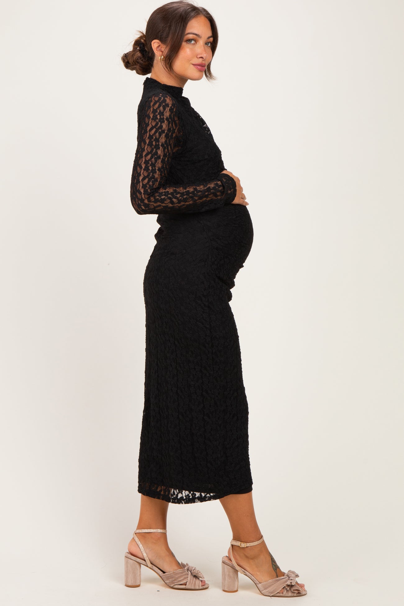 Black Fitted Lace Maternity Midi Dress
