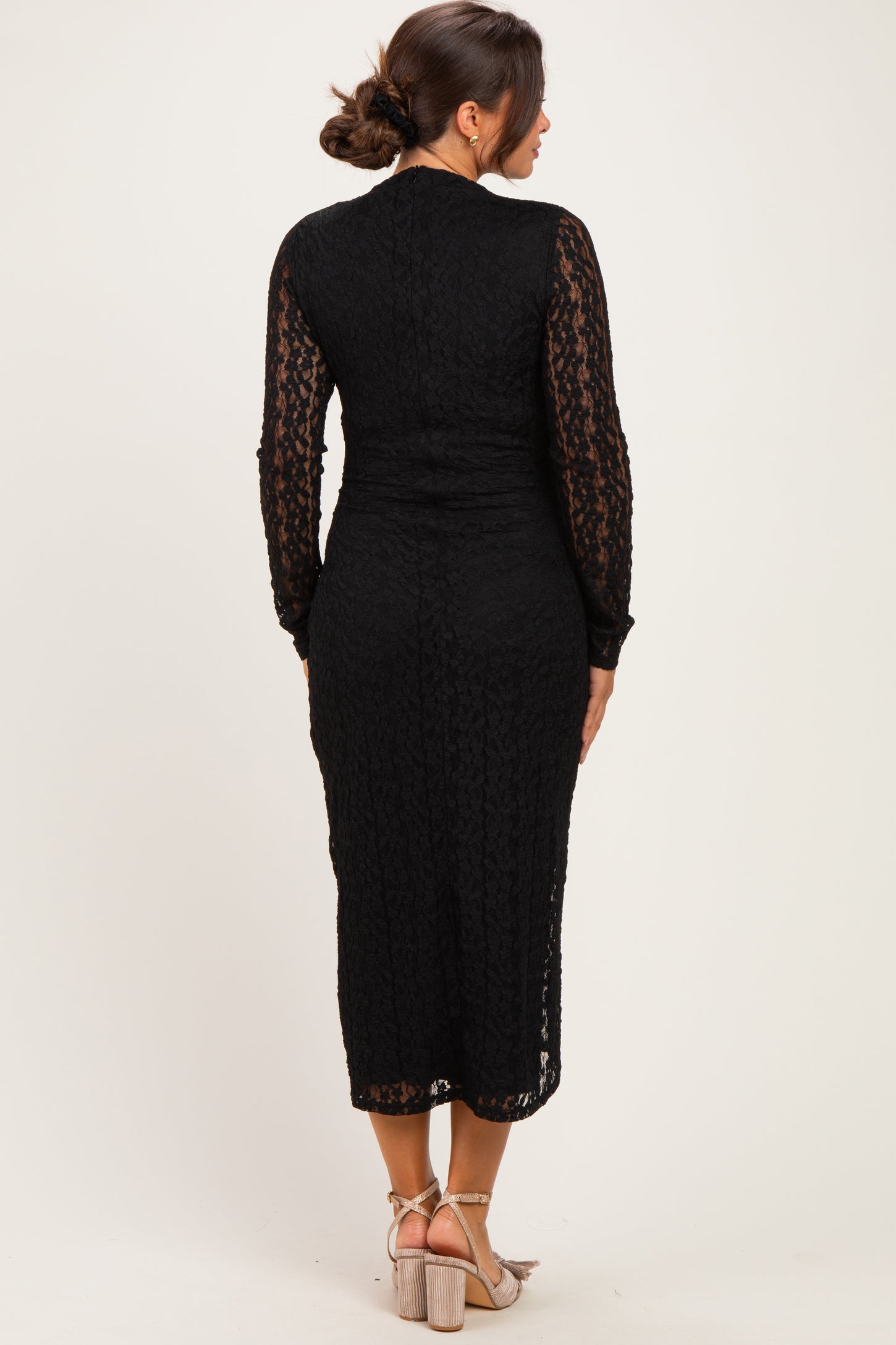 Black Fitted Lace Maternity Midi Dress