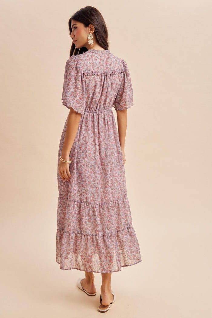 Dusty Rose Ruffle Floral Print Maxi Dress
