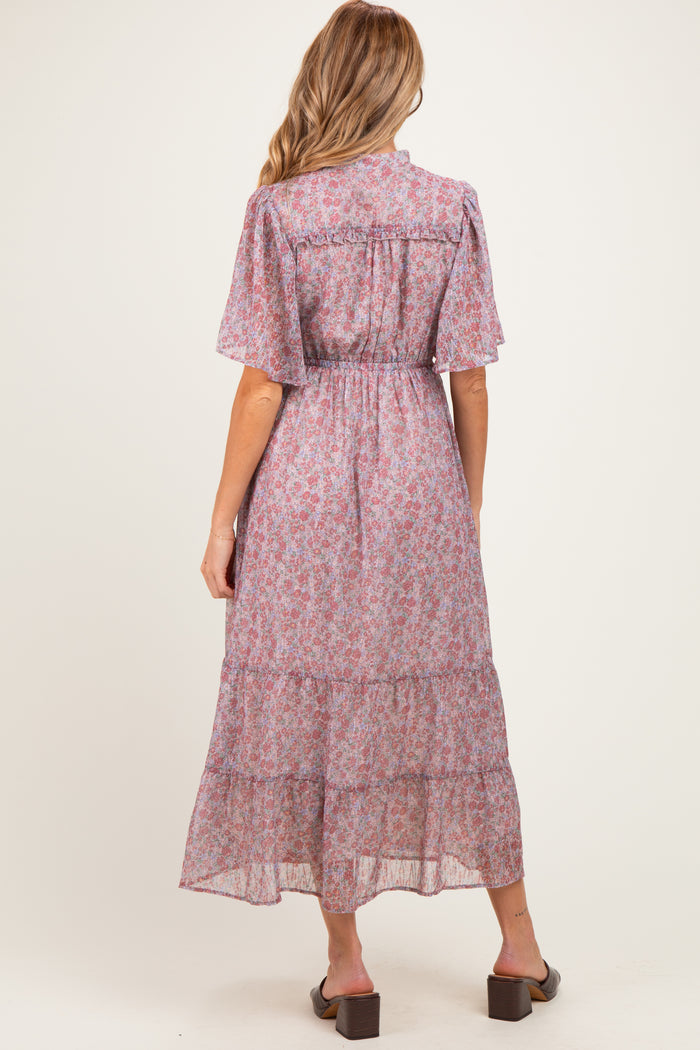 Dusty Rose Ruffle Floral Print Maternity Maxi Dress