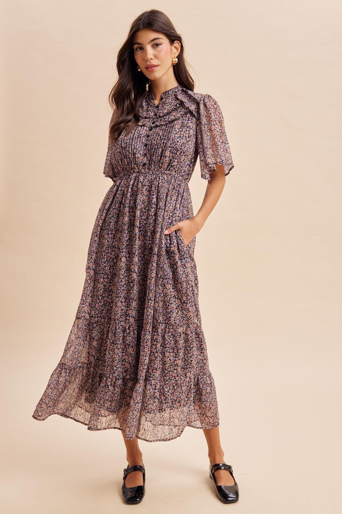 Midnight Ruffle Floral Print Maternity Maxi Dress