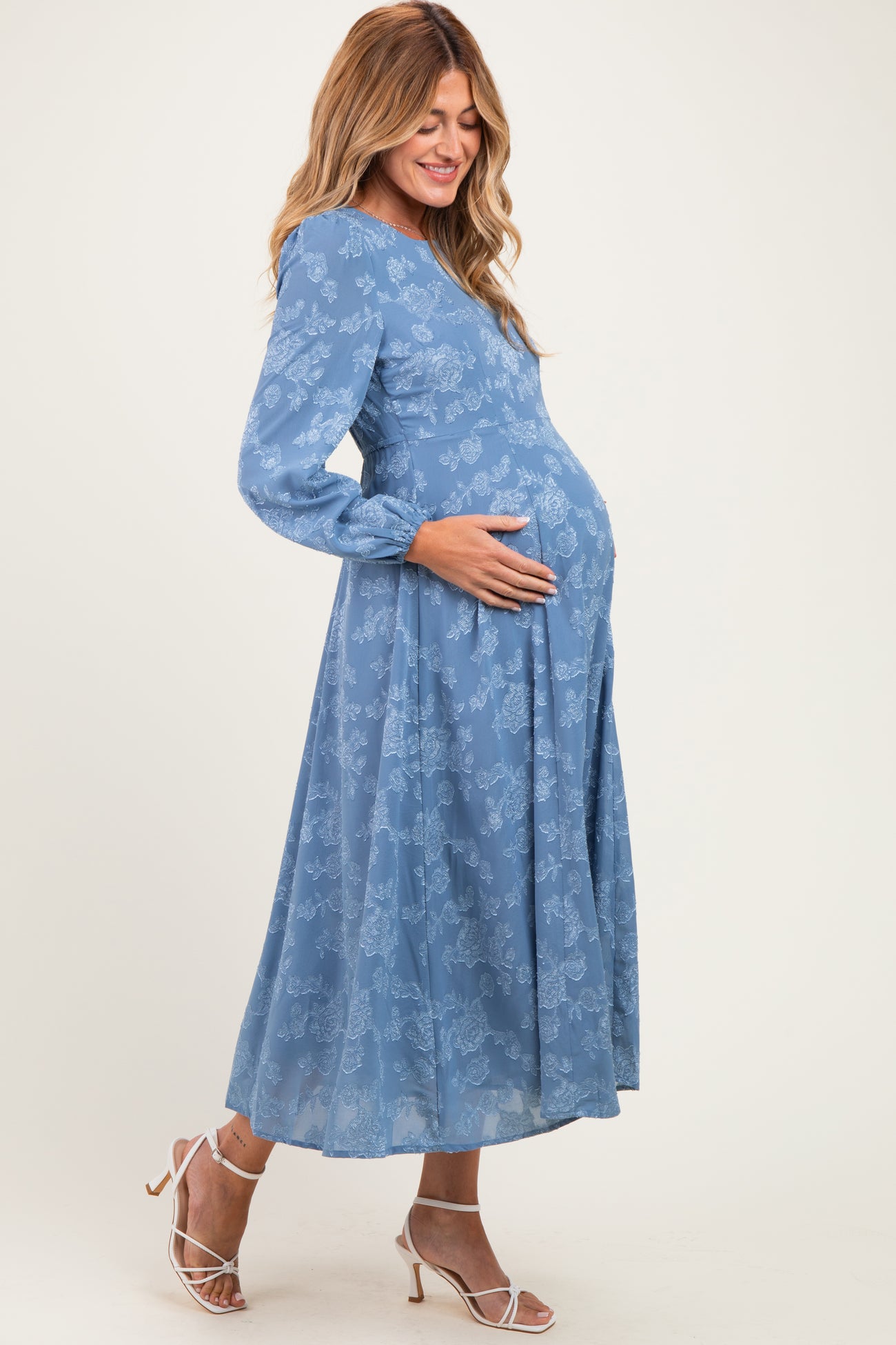 Blue Dusk Embossed Velvet Floral Maternity Maxi Dress