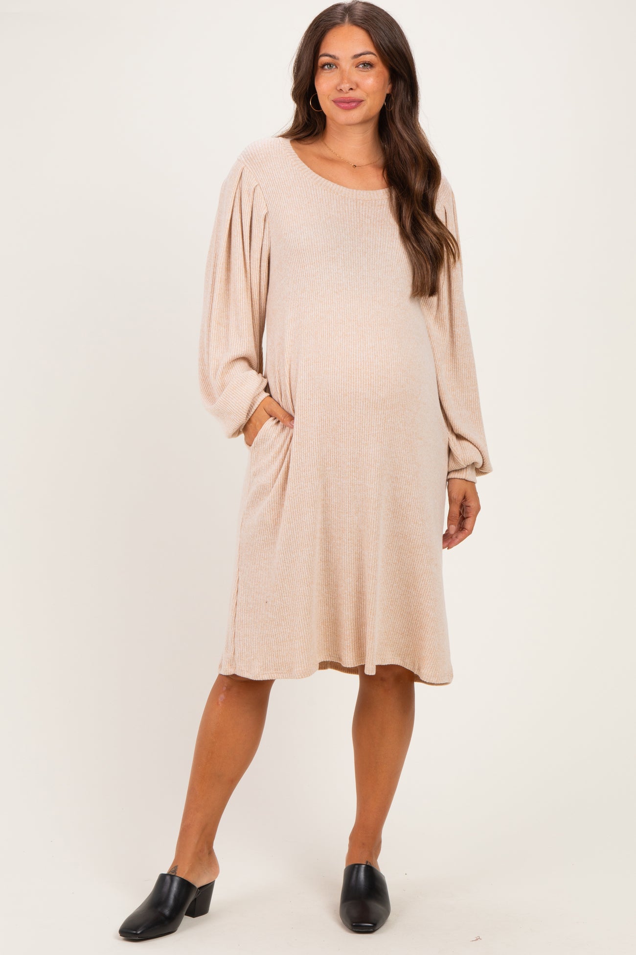 Beige Long Puff Sleeve Knit Maternity Dress