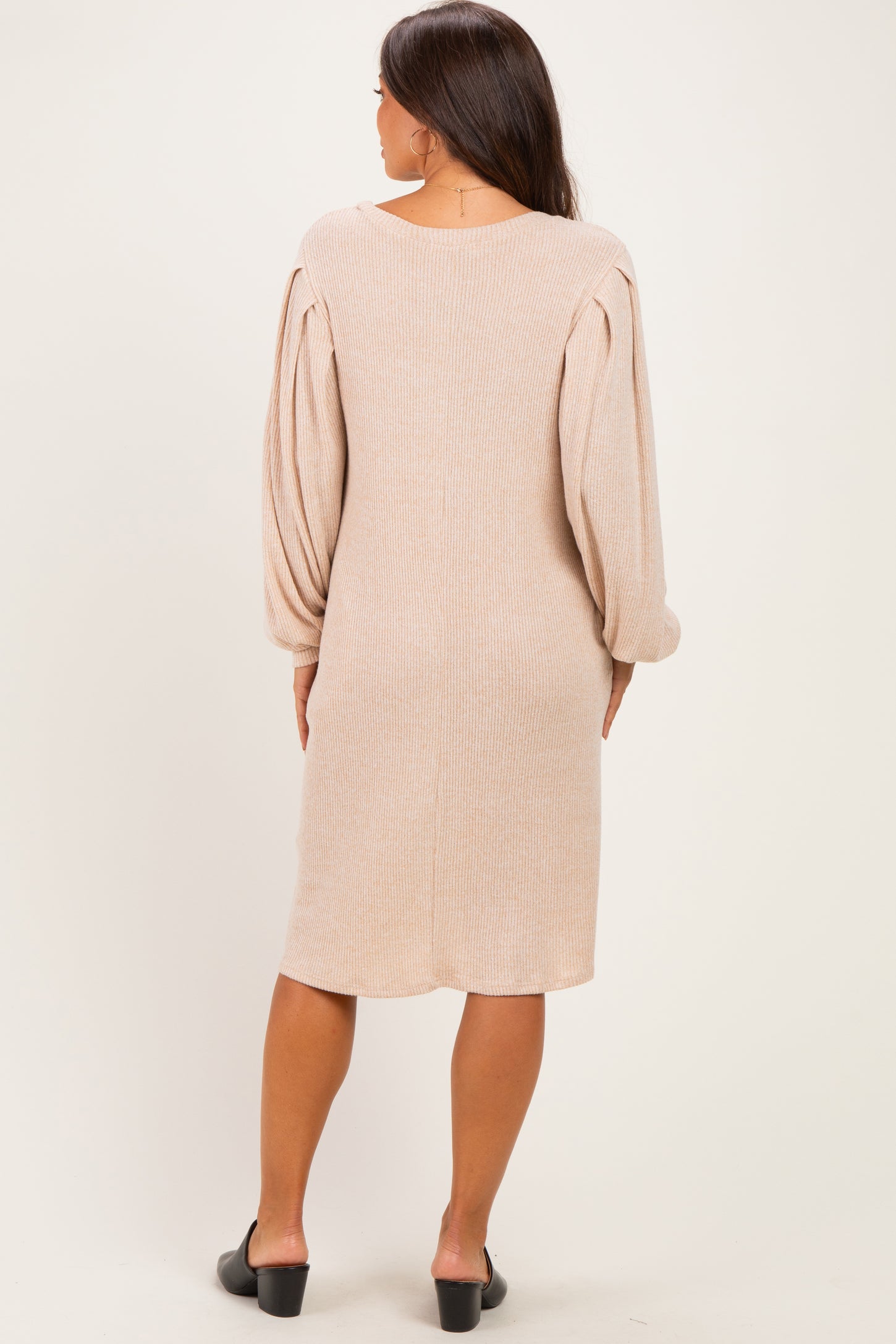 Beige Long Puff Sleeve Knit Maternity Dress