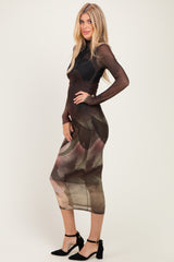 Olive Large Floral Print Mesh Long Sleeve Midi Dress