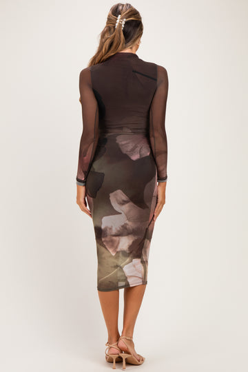 Olive Large Floral Print Mesh Long Sleeve Maternity Midi Dress
