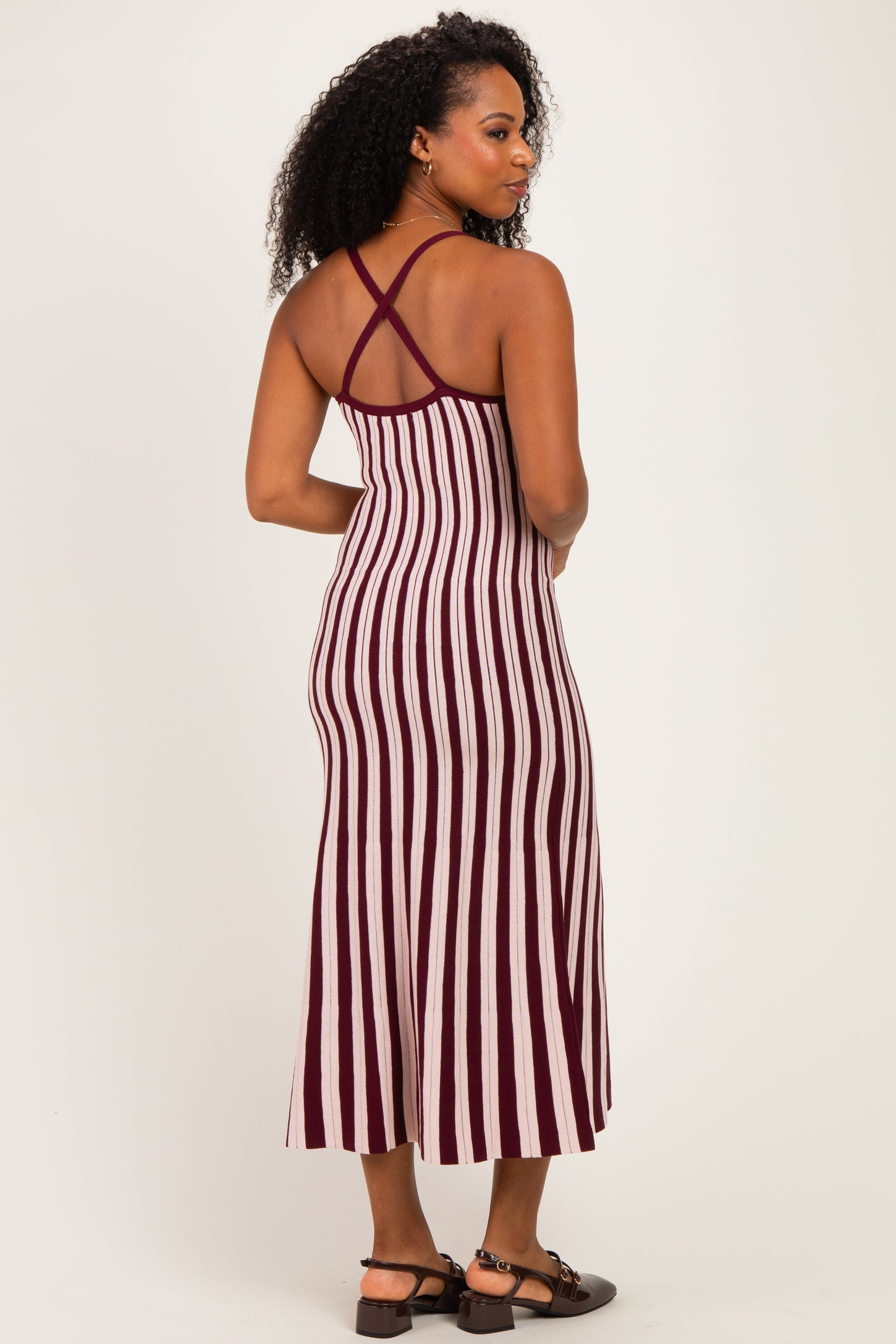 Plum Striped Knit Fitted Midi Dress
