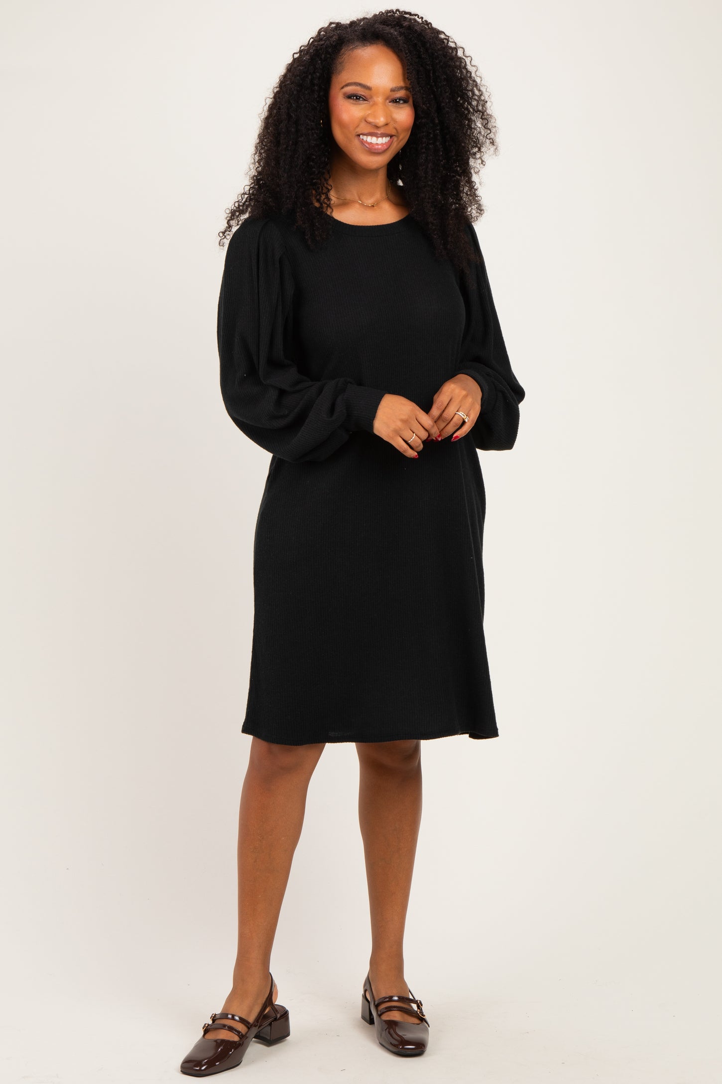 Black Long Puff Sleeve Knit Dress