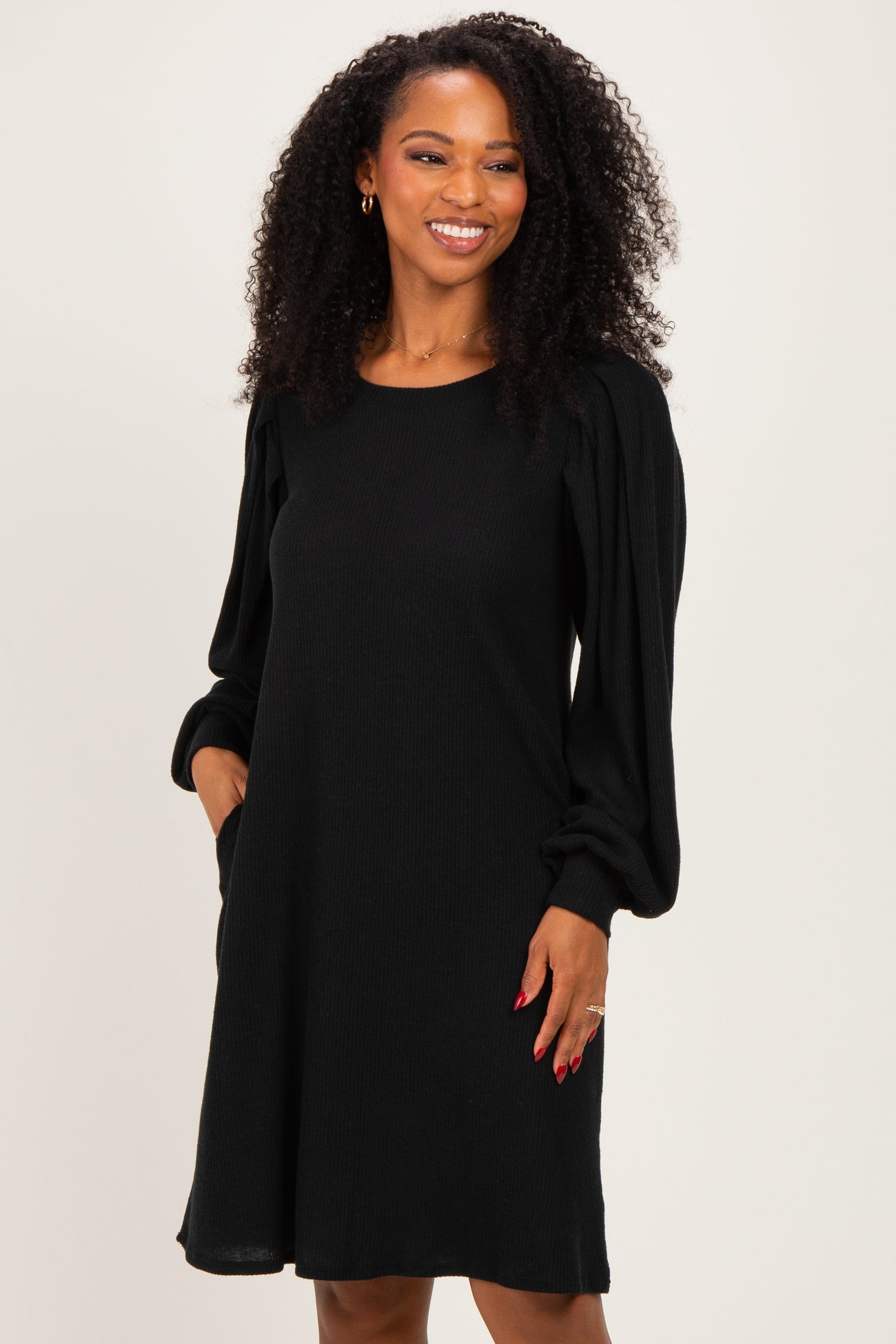 Black Long Puff Sleeve Knit Dress