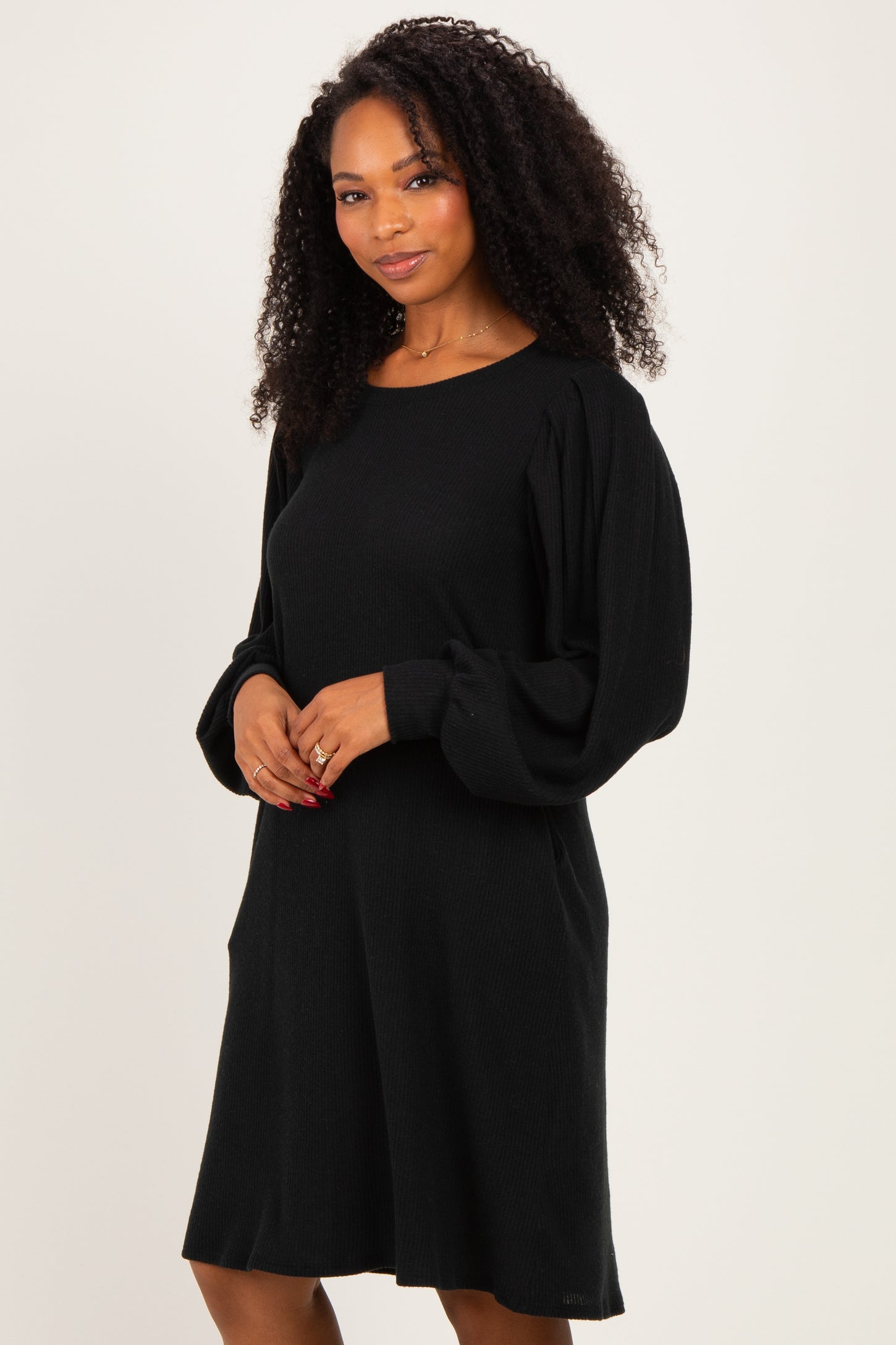 Black Long Puff Sleeve Knit Dress