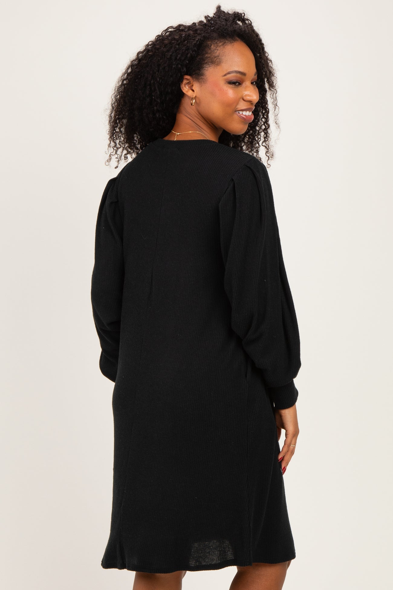 Black Long Puff Sleeve Knit Dress
