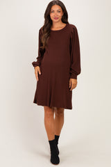 Brown Long Puff Sleeve Knit Maternity Dress