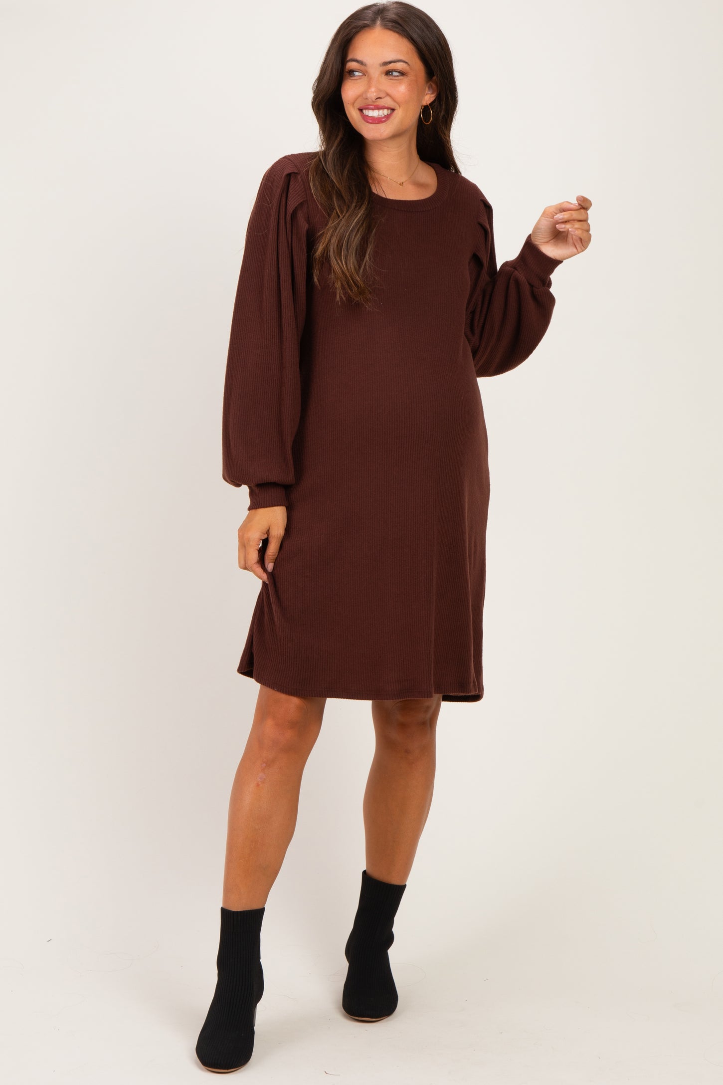 Brown Long Puff Sleeve Knit Maternity Dress