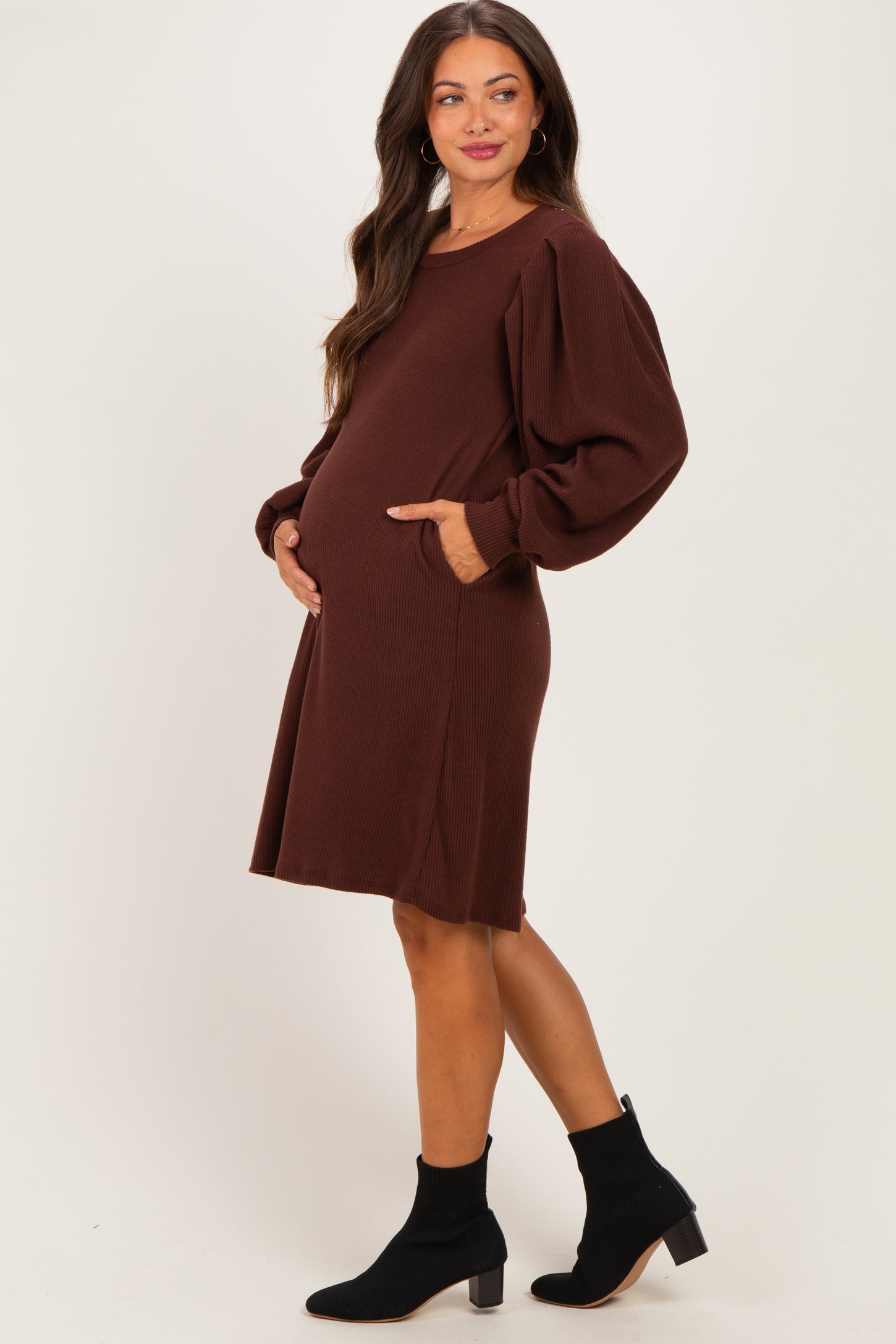 Brown Long Puff Sleeve Knit Maternity Dress