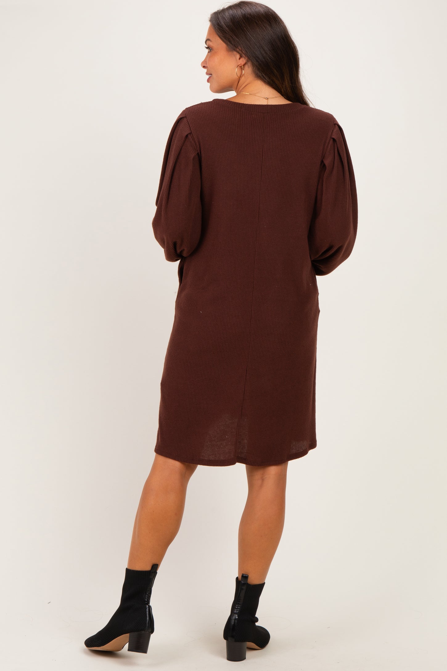 Brown Long Puff Sleeve Knit Maternity Dress