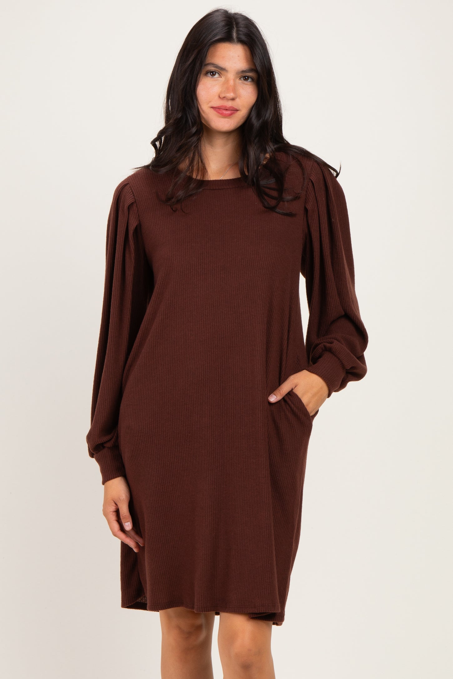 Brown Long Puff Sleeve Knit Maternity Dress
