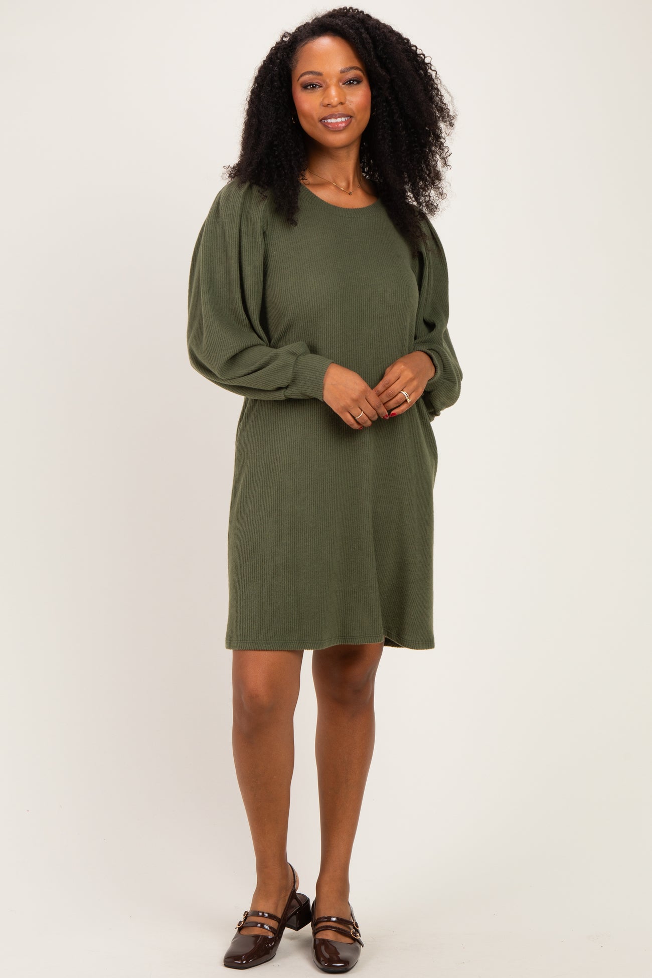 Olive Long Puff Sleeve Knit Dress