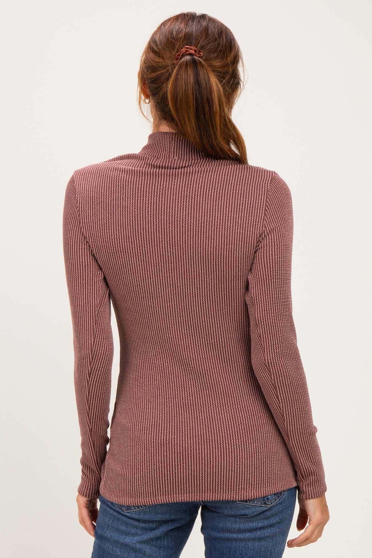 Brown Ribbed Fitted Mock Neck Long Sleeve Top
