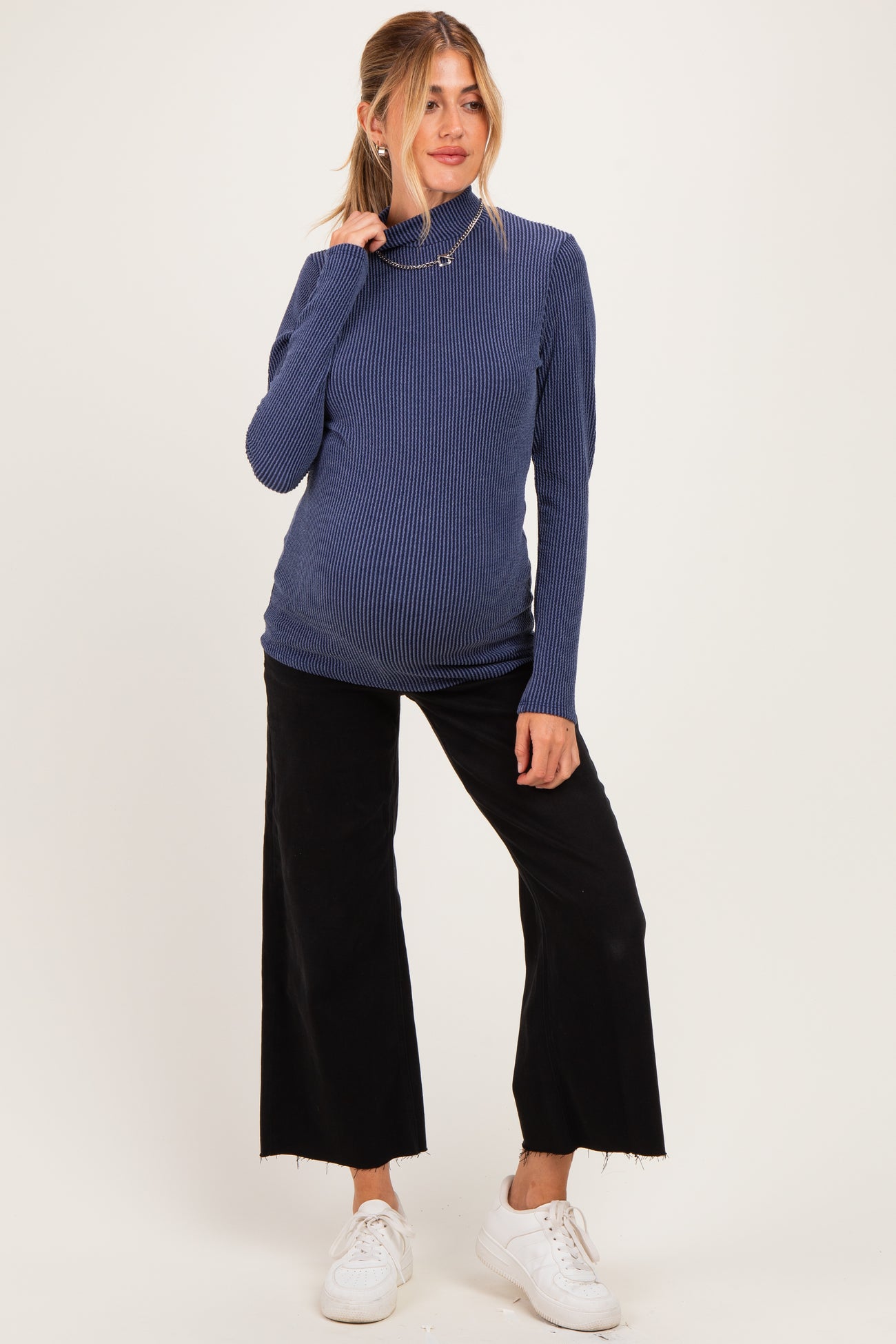 Navy Ribbed Fitted Mock Neck Long Sleeve Maternity Top