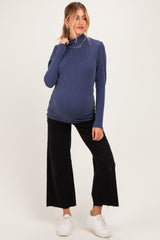 Navy Ribbed Fitted Mock Neck Long Sleeve Maternity Top