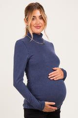 Navy Ribbed Fitted Mock Neck Long Sleeve Maternity Top