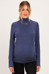 Navy Ribbed Fitted Mock Neck Long Sleeve Maternity Top