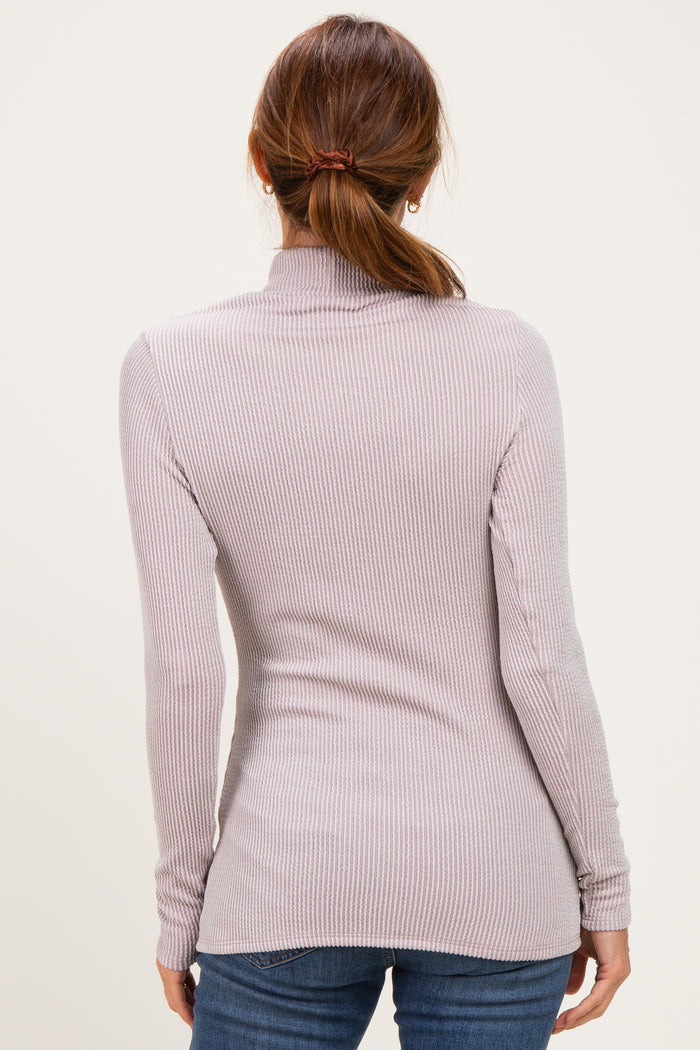 Beige Ribbed Fitted Mock Neck Long Sleeve Top