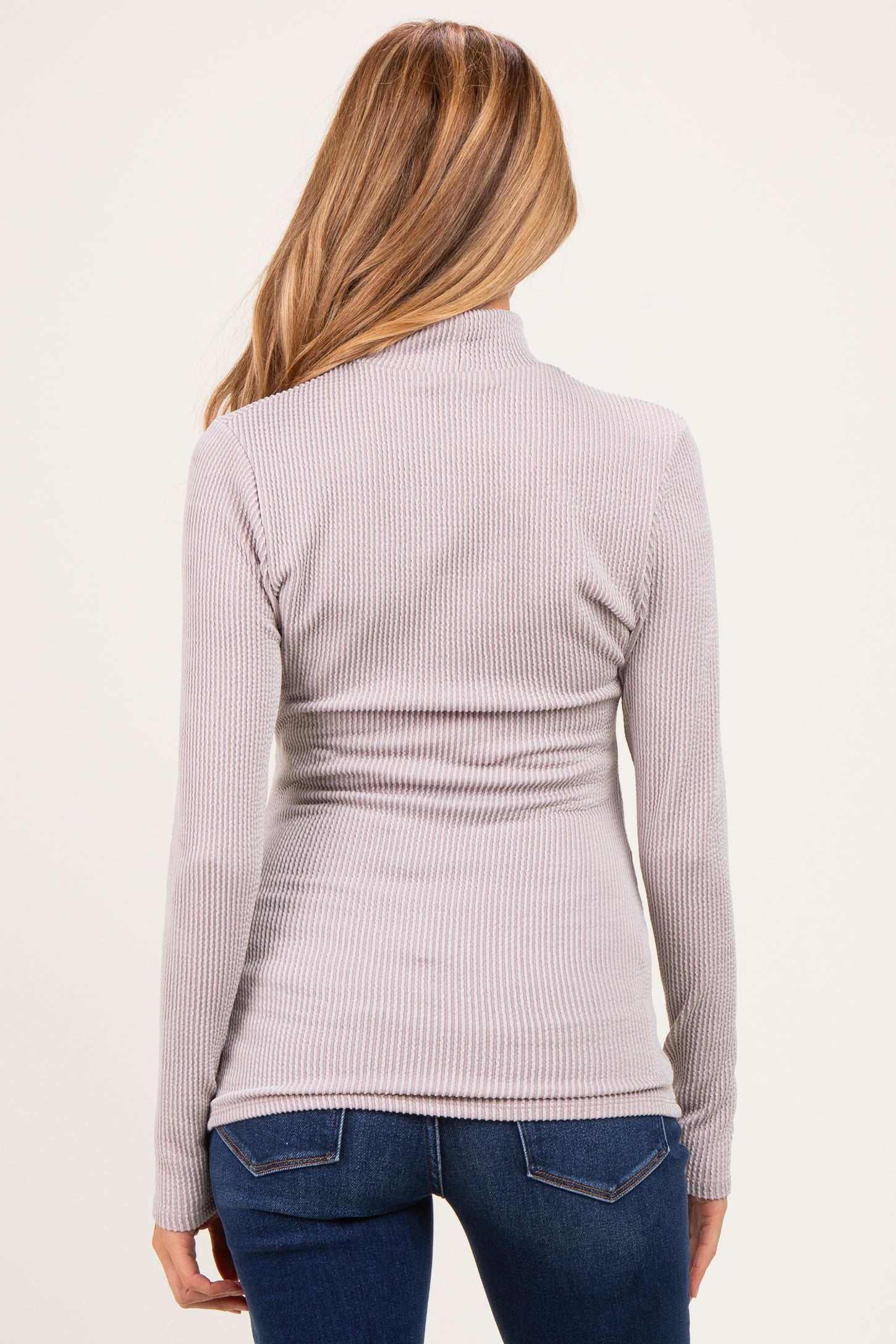 Beige Ribbed Fitted Mock Neck Long Sleeve Maternity Top