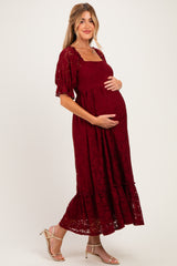 Burgundy Floral Lace Square Neck Maternity Maxi Dress