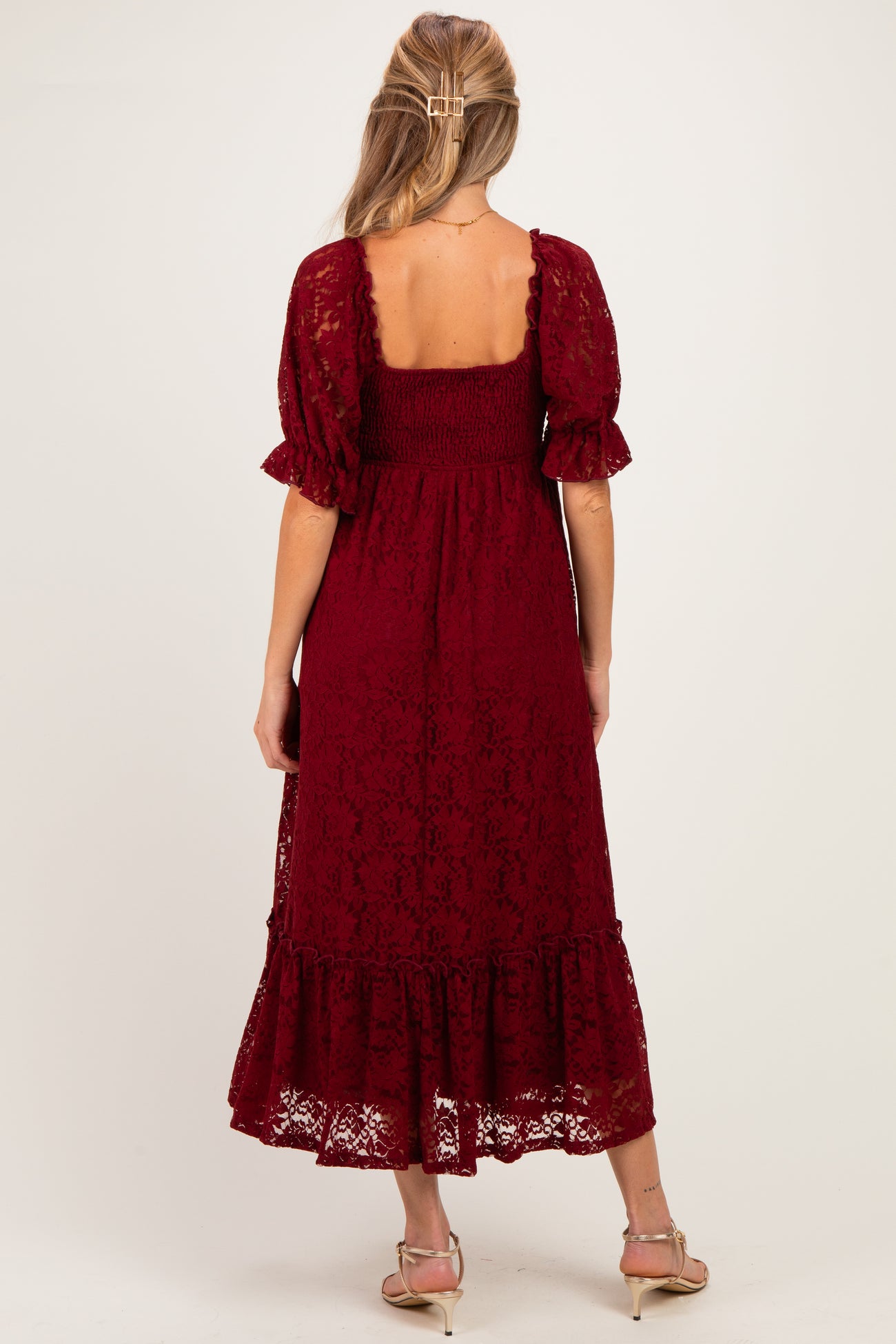 Burgundy Floral Lace Square Neck Maternity Maxi Dress