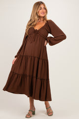 Brown Tiered Long Sleeve V-Neck Maternity Maxi Dress
