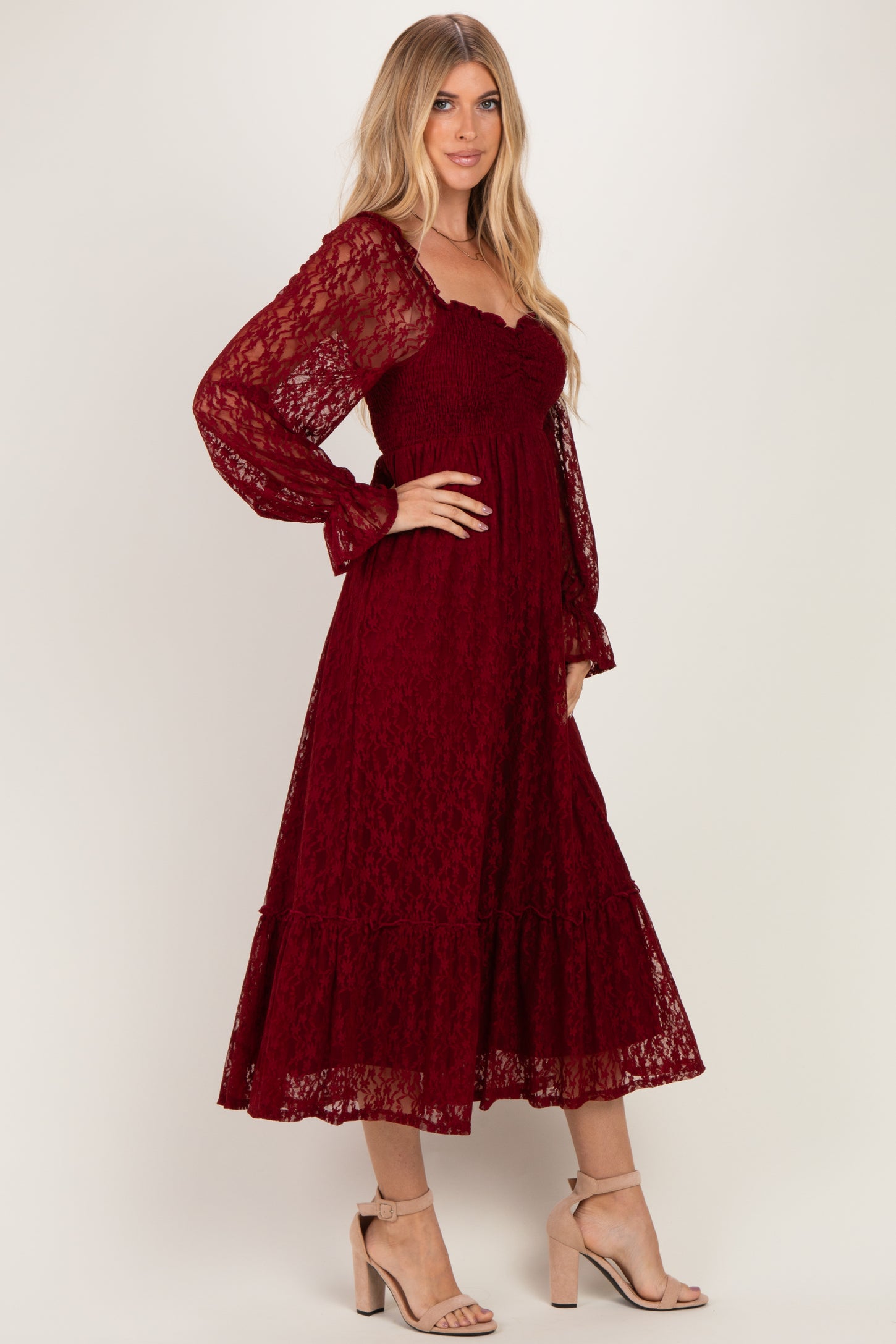 Burgundy Sweetheart Lace Long Sleeve Maxi Dress