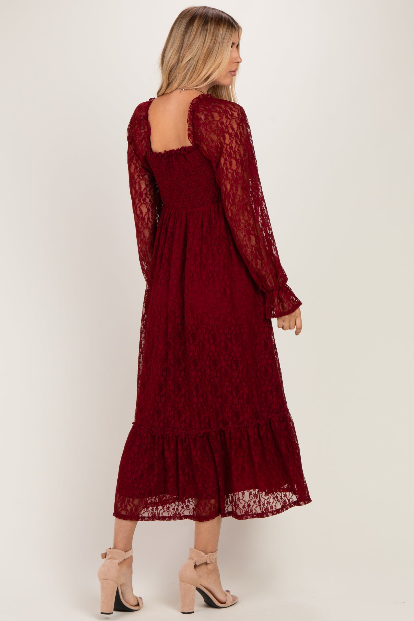 Burgundy Sweetheart Lace Long Sleeve Maxi Dress