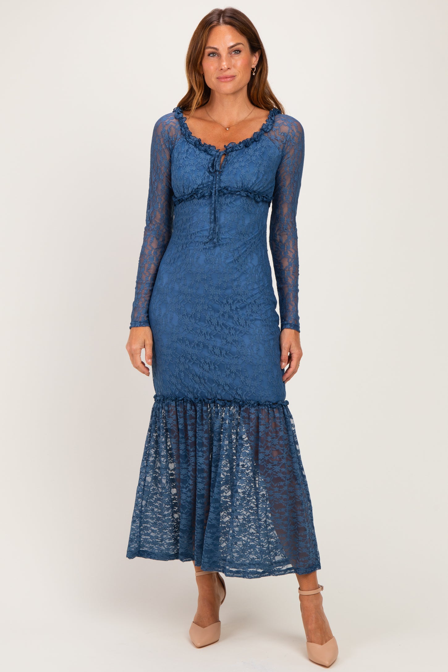 Blue Off Shoulder Long Sleeve Boho Maternity Maxi Dress