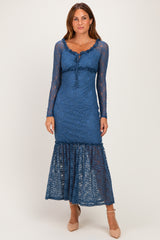 Blue Off Shoulder Long Sleeve Boho Maternity Maxi Dress