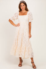 Beige Floral Lace Square Neck Maternity Maxi Dress