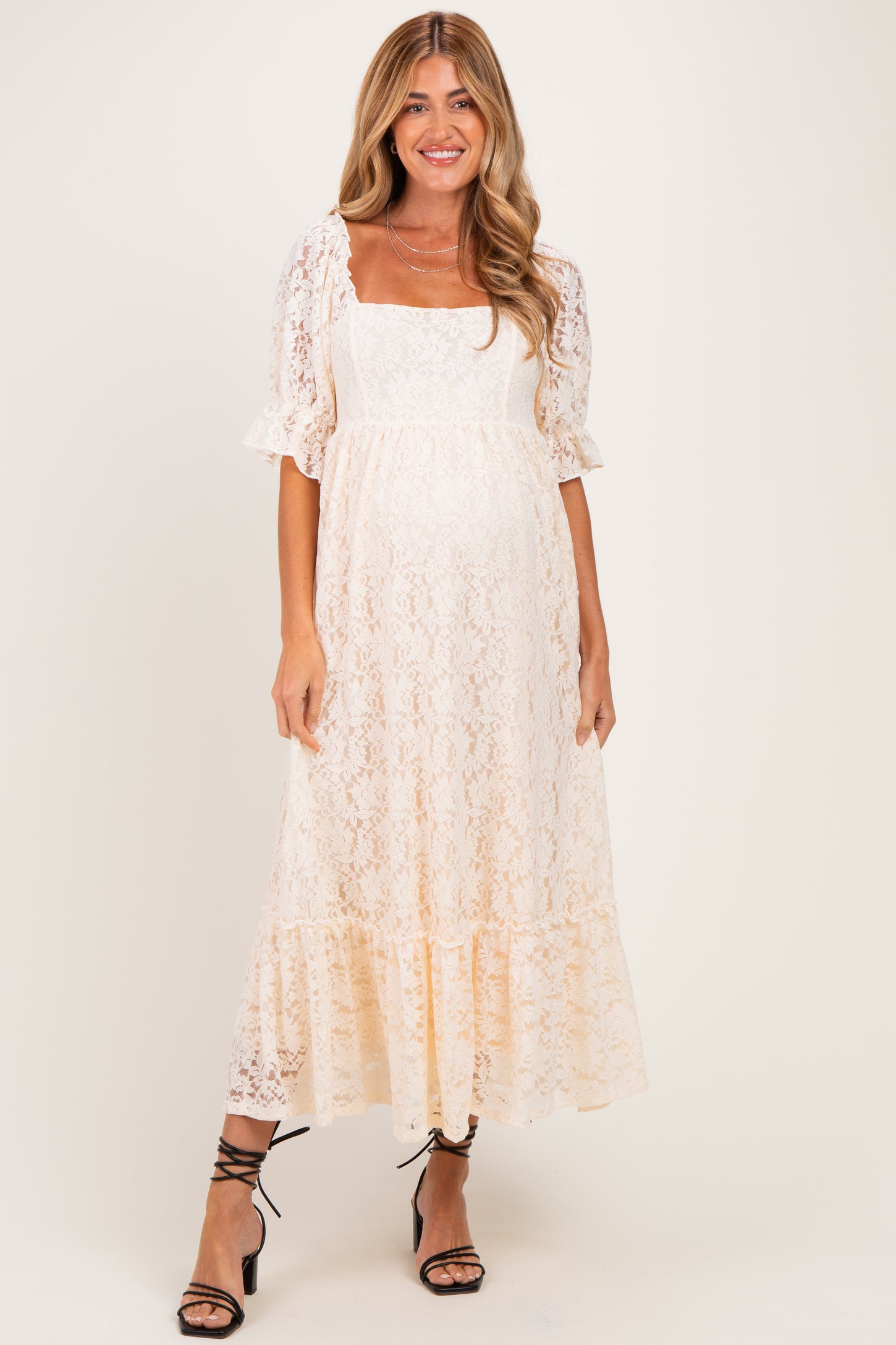 Beige Floral Lace Square Neck Maternity Maxi Dress