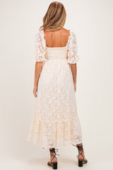 Beige Floral Lace Square Neck Maternity Maxi Dress