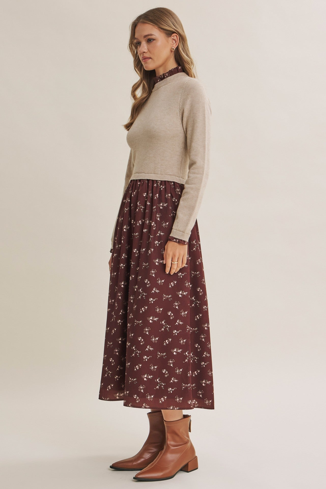 Mocha Floral Sweater Contrast Midi Dress