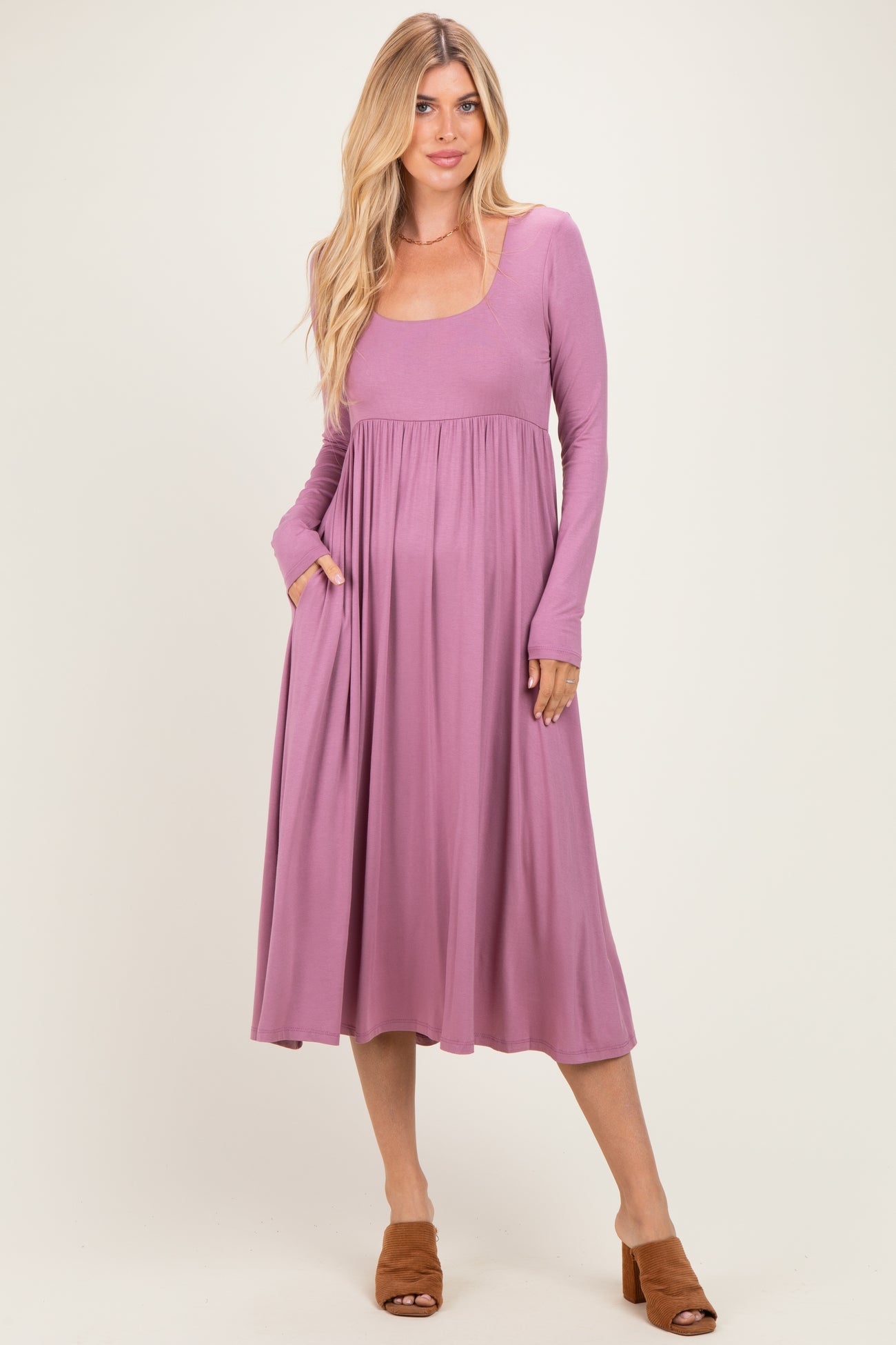 Mauve Lavender Long Sleeve Scoop Neck Maternity Maxi Dress
