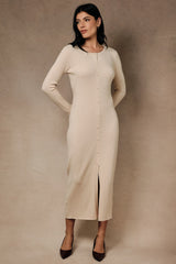 Cream Ribbed Long Sleeve Button Down Maternity Midi Dress