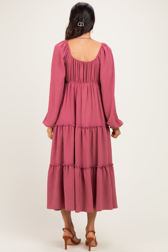 Mauve Tiered Long Sleeve V-Neck Maxi Dress