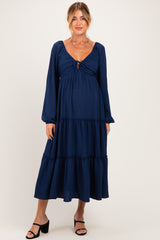 Navy Tiered Long Sleeve V-Neck Maternity Maxi Dress