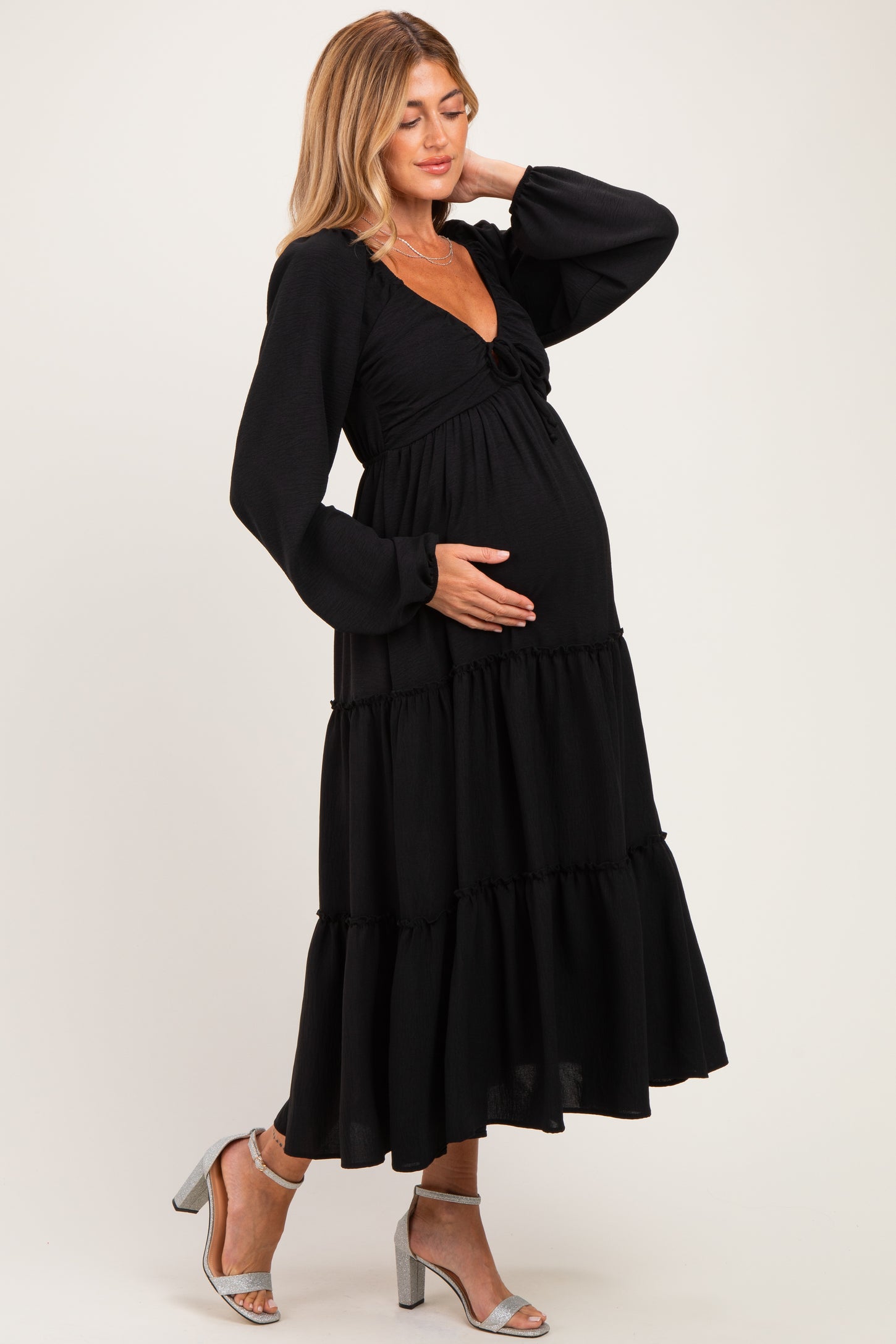 Black Tiered Long Sleeve V-Neck Maternity Maxi Dress