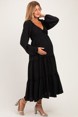 Black Tiered Long Sleeve V-Neck Maternity Maxi Dress