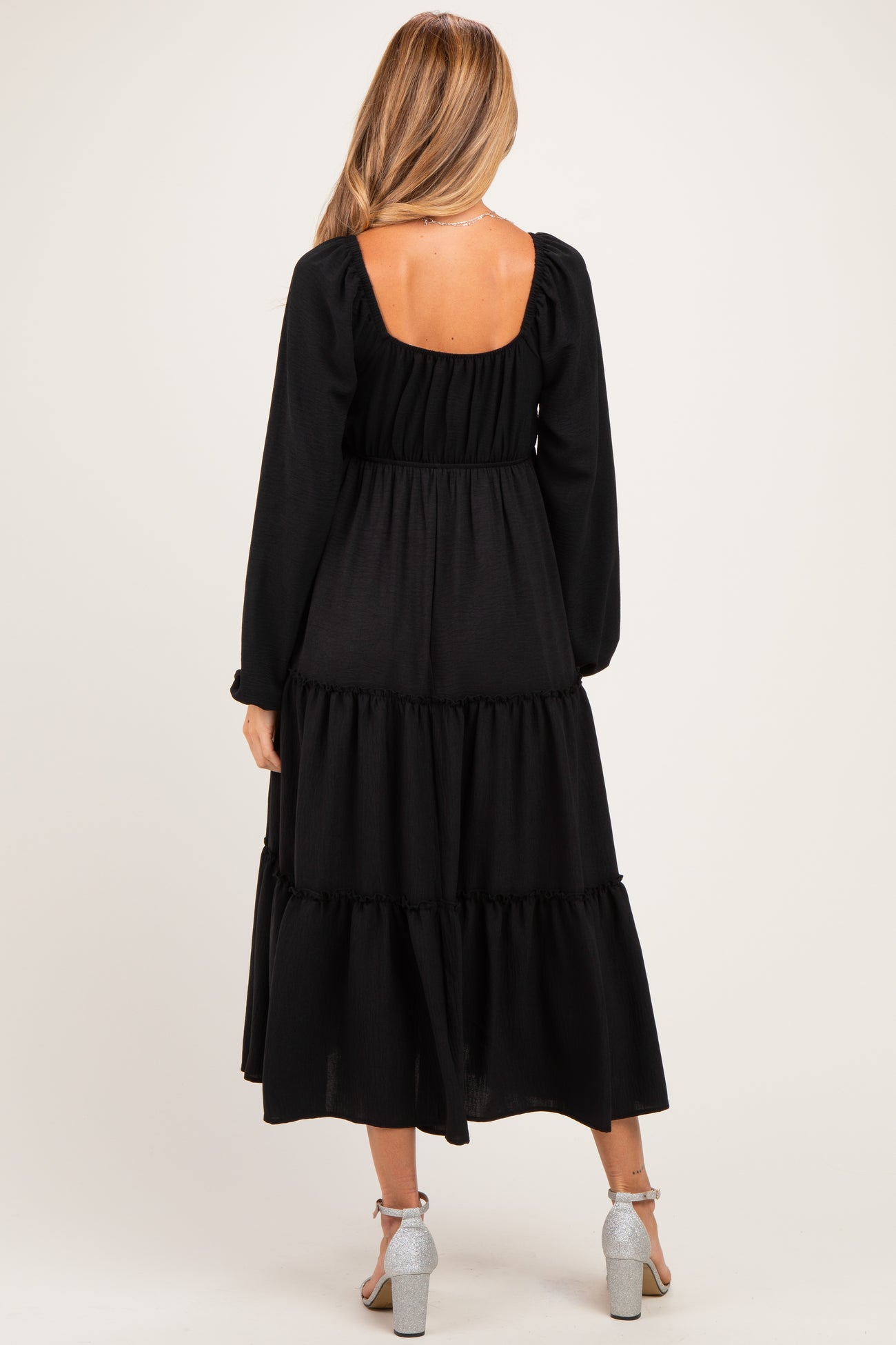 Black Tiered Long Sleeve V-Neck Maternity Maxi Dress